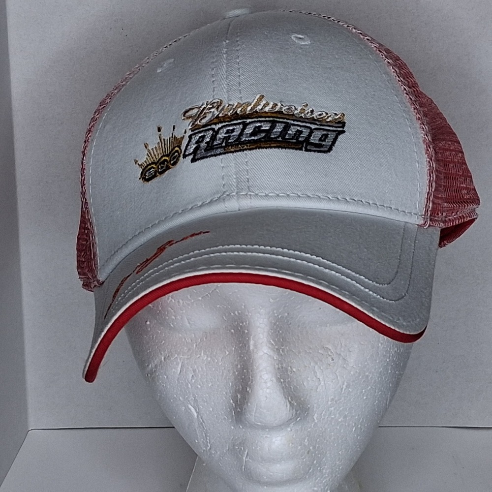 MainGate Budweiser Racing Trucker Hat Mens Red White Mesh Adj. Brandon Berstein